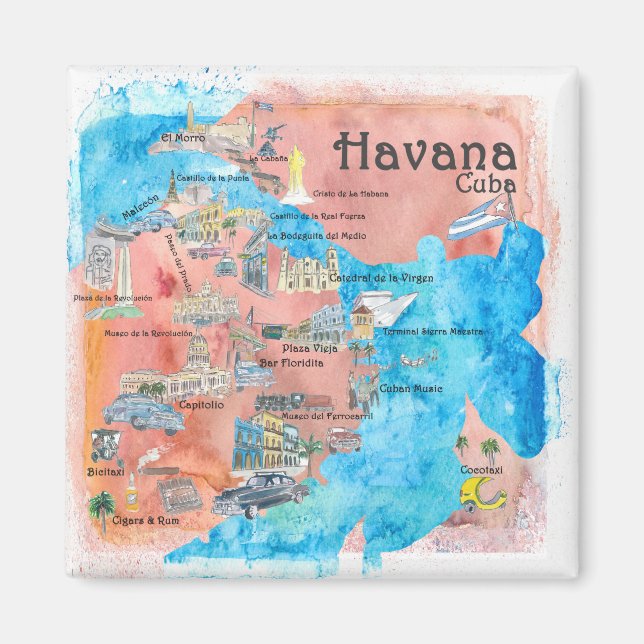 Aimant Carte de voyage illustrée de Havana Cuba (Devant)