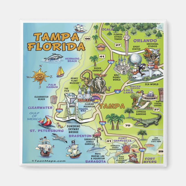 Aimant Carte du dessin de Tampa en Floride (Devant)