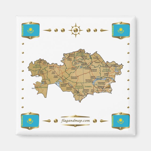Aimant Carte du Kazakhstan + Magnat des drapeaux (Devant)
