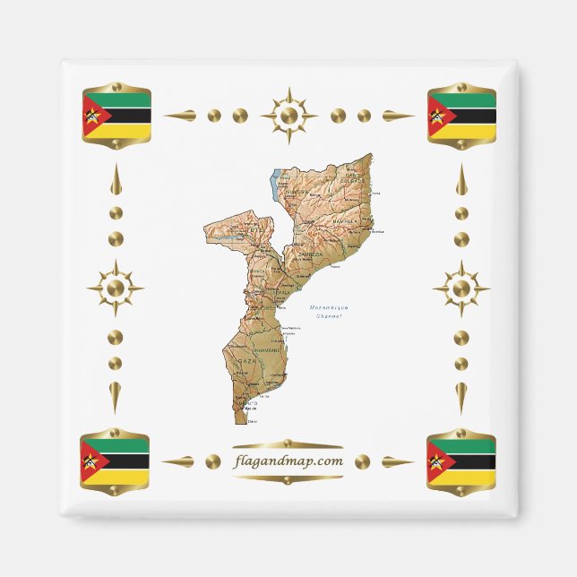 Aimant Carte du Mozambique + Magnat des drapeaux (Devant)