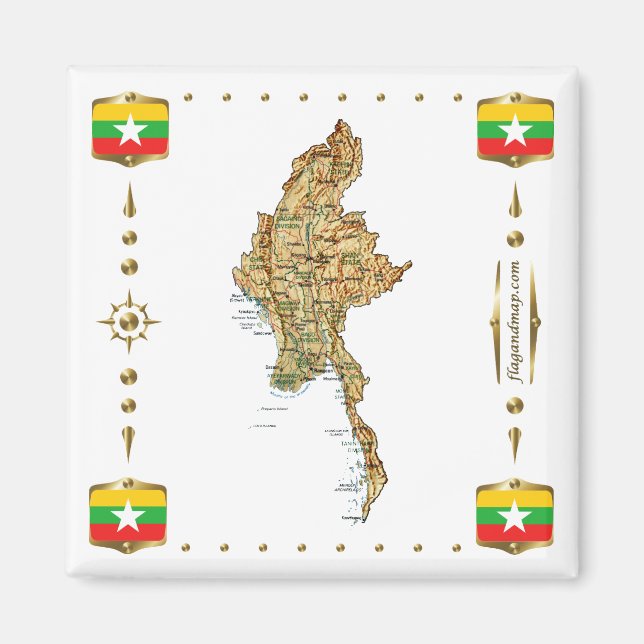 Aimant Carte du Myanmar + Magnat des drapeaux (Devant)