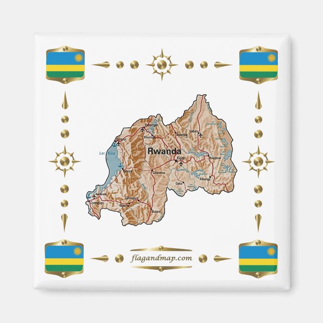 Aimant Carte du Rwanda + Magnat des drapeaux (Devant)