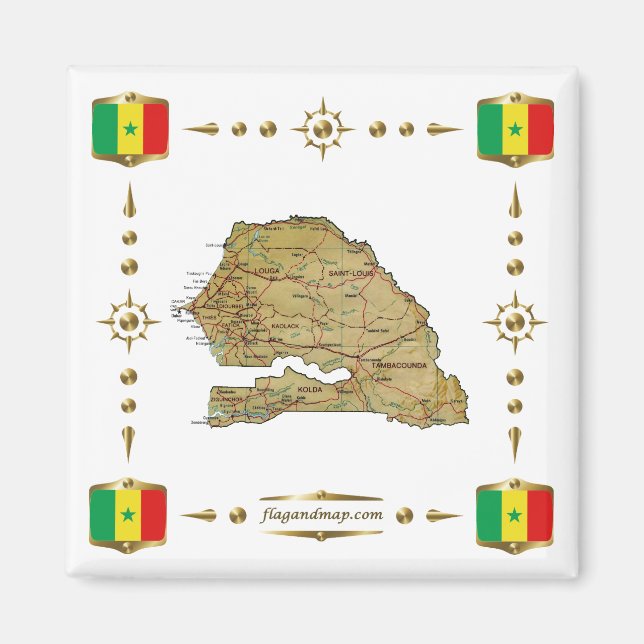 Aimant Carte du Sénégal + Pavillon du drapeau (Devant)