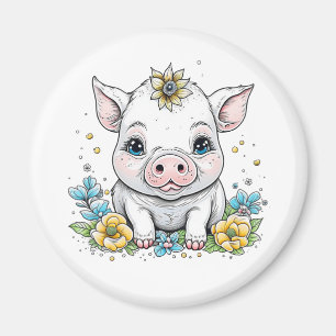 Aimant Cartoon mignon bébé cochon en fleurs