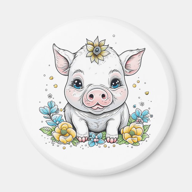 Aimant Cartoon mignon bébé cochon en fleurs (Devant)