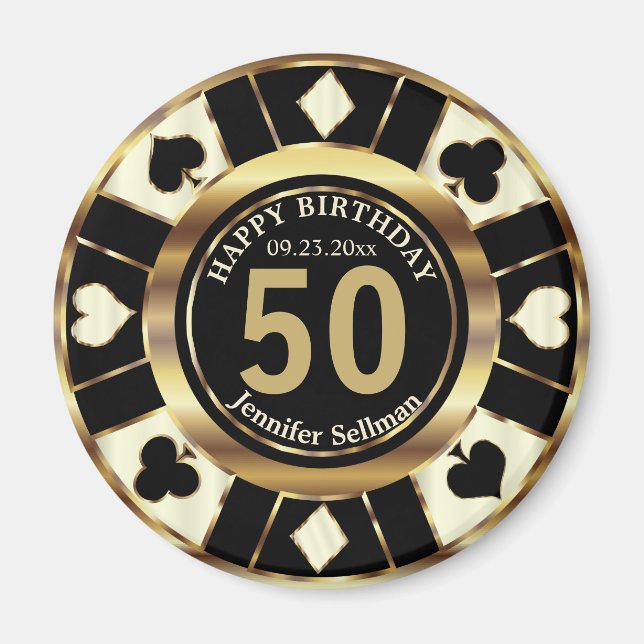 Aimant Casino Chip Las Vegas Anniversaire - Crème et or (Devant)