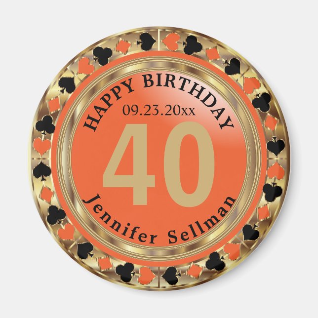 Aimant Casino Chip Las Vegas Anniversaire - Orange et or (Devant)