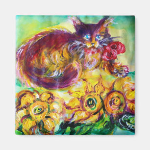 AIMANT CAT AVEC LE RUBAN ET LES TOURNESOLS ROUGES