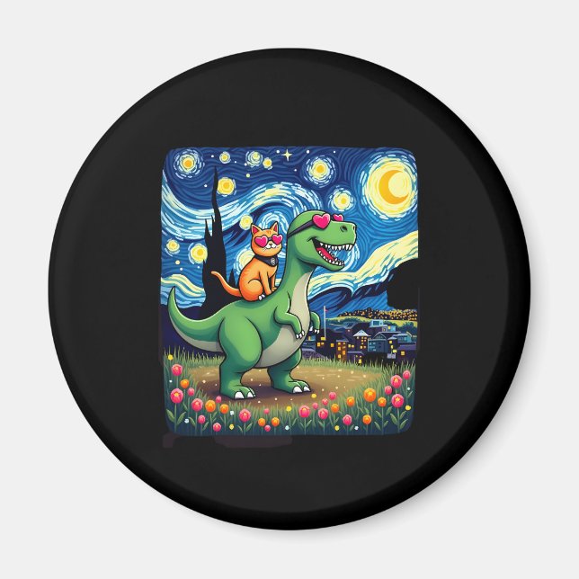 Aimant Cat Riding Dinosaur T-Rex Starry Night Cat Lover ( (Devant)