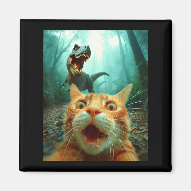 Aimant Cat Selfie With T-rex Dinosaur Trex Dino Men Women (Devant)