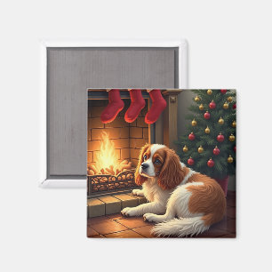 Aimant Cavalier King Charles au coin du feu de Noël