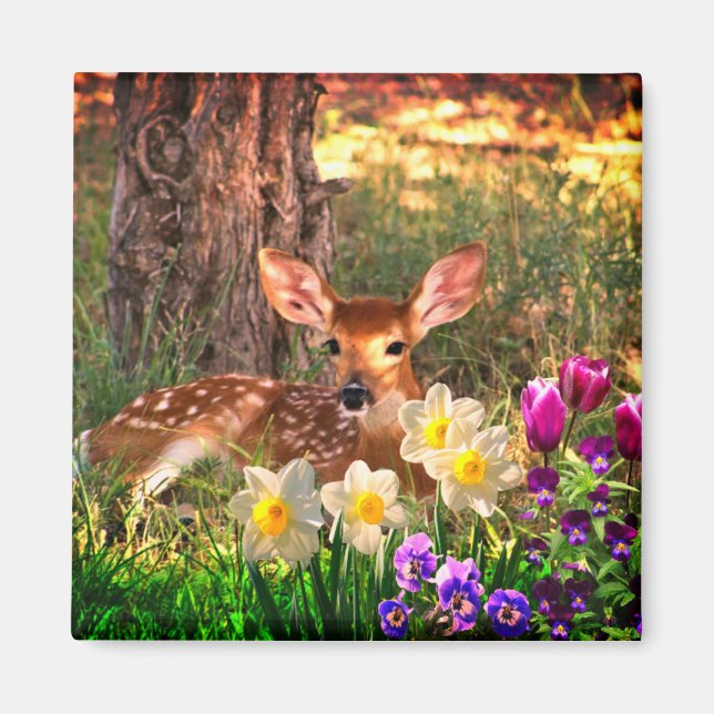 Aimant Cerf de famille avec jonquilles de fleurs de print (Devant)