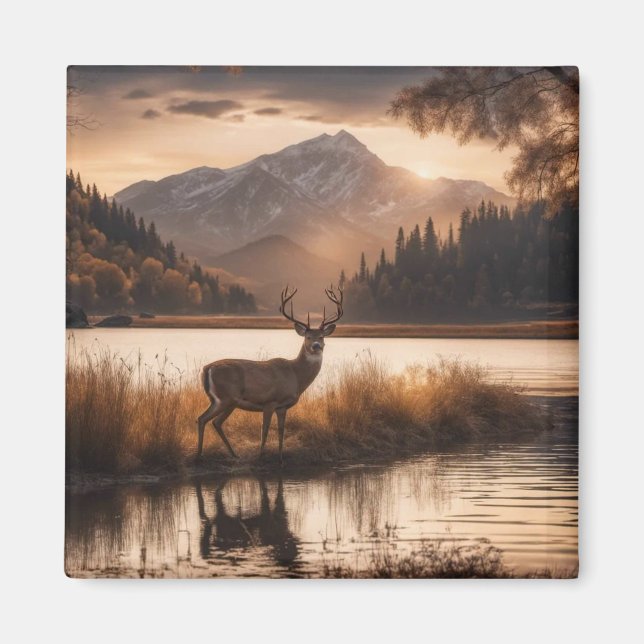 Aimant Cerf imposant sur un lac de montagne (Devant)