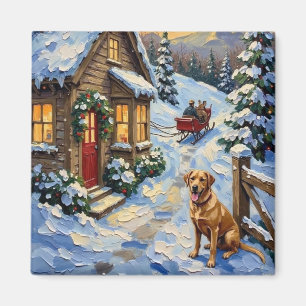 Aimant Chalet de Noël vintage avec Labrador Retriever