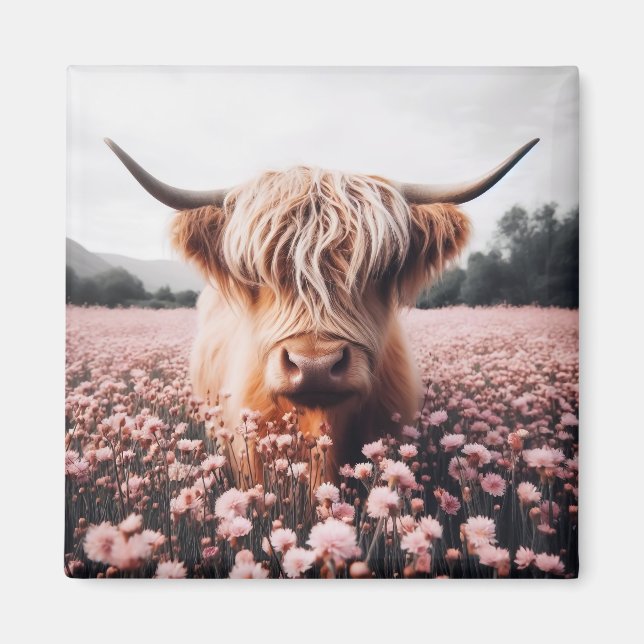 Aimant Champ de Fleur sauvage écossais Highland Cow (Devant)