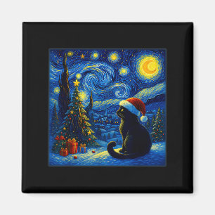 Aimant Chapeau de Père Noël Chat Noir Van Gogh Nuit Étoil
