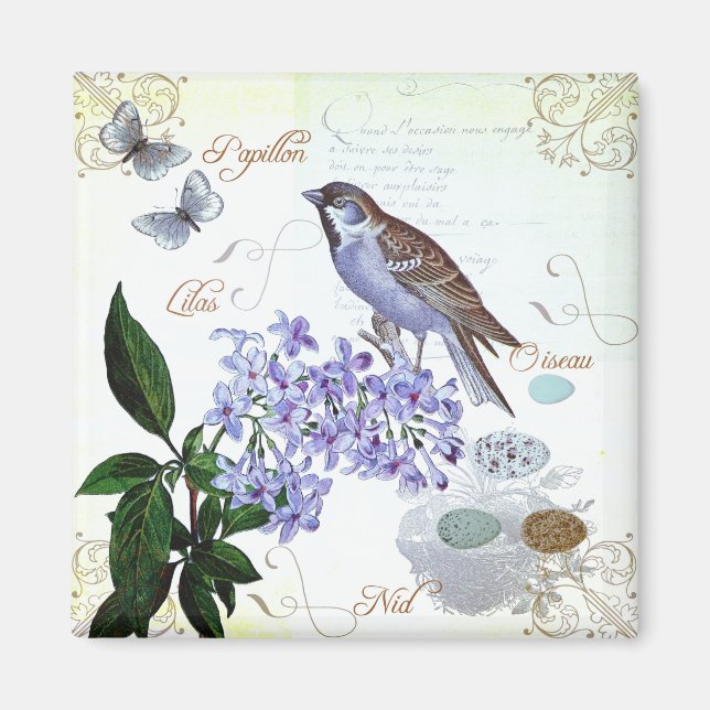 Aimant Charming Vintage Français Bird Texte Floral Collag (Devant)