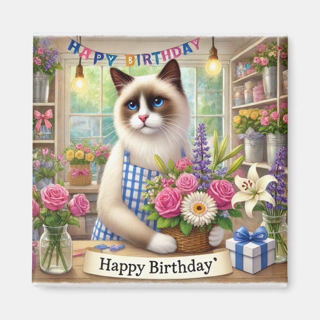 Aimant Chat à fleur Joyeux signe d'anniversaire (Devant)