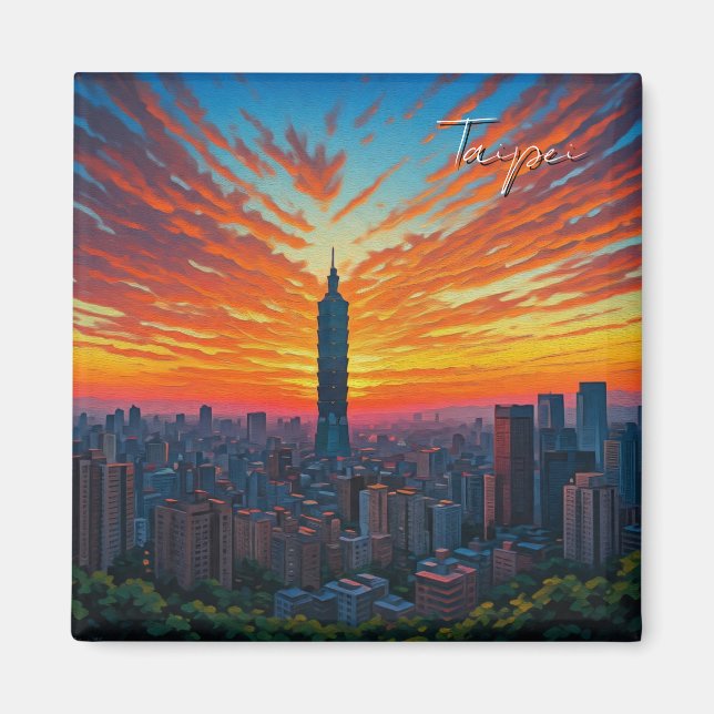 Aimant Chat à Taipei 101 Taïwan Coucher de soleil (Devant)