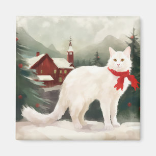 Aimant Chat angora turc à Noël sous la neige