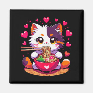 Aimant Chat Anime Mangeant Des Nouilles Ramen Avec Des Cœ