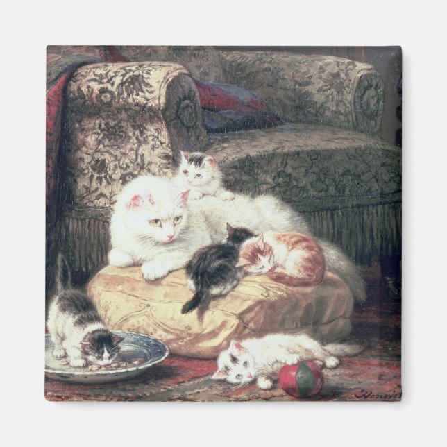 Aimant Chat avec ses chatons sur un coussin (Devant)