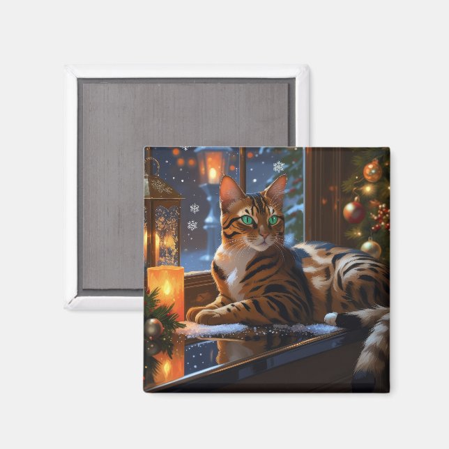 Aimant Chat Bengal avec lumières de Noël pour les fêtes (Recto/Verso)