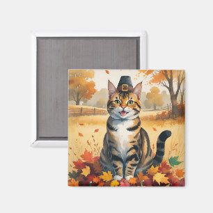 Aimant Chat Bengal dans l'art de Thanksgiving aux feuille