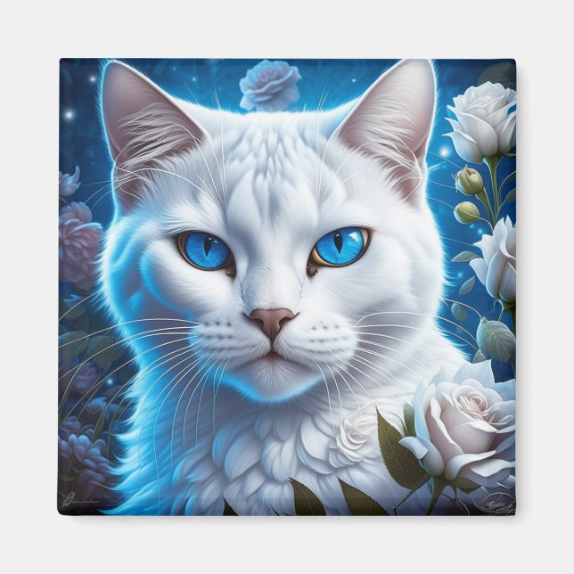 Aimant Chat blanc aux yeux bleu clair Floral (Devant)