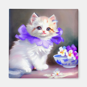 Aimant Chat blanc avec collier de fleurs violettes