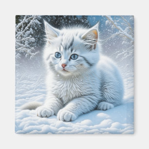 Aimant Chat blanc mignon jouant dans la neige