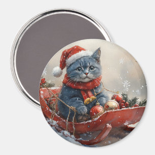Aimant Chat bleu oriental en traîneau Laissez neige Noël