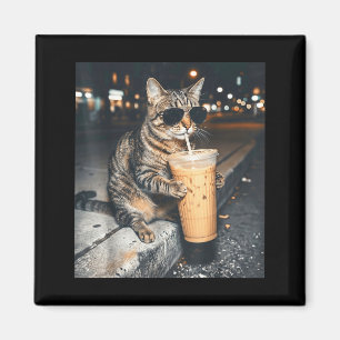 Aimant Chat Buvant Café Glacé Mème Animal Drôle Hommes Fe