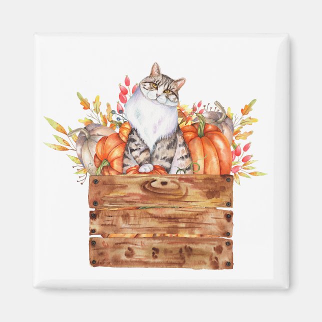 Aimant Chat d'automne et citrouilles en boîte (Devant)