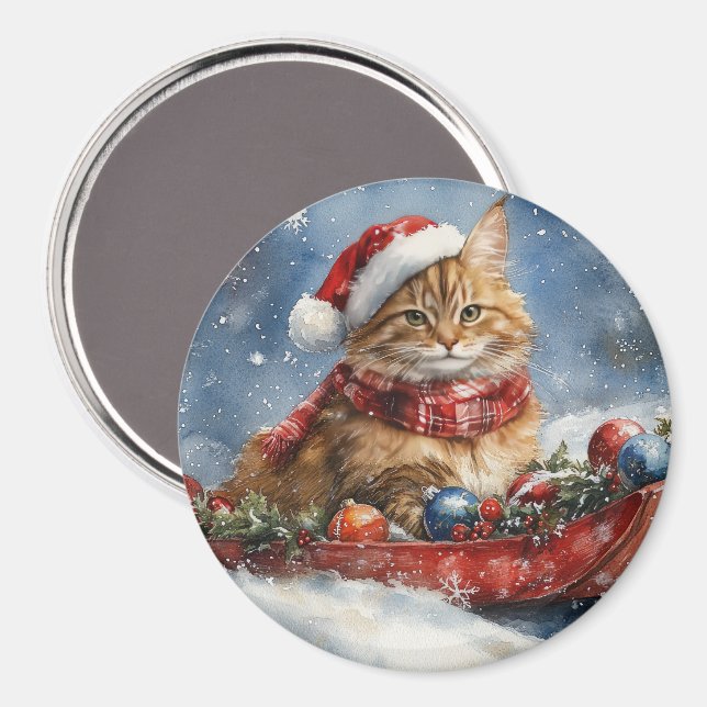 Aimant Chat de Maine Coon en sledge Laisser neiger Noël (Recto/Verso)