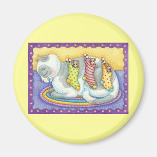 Aimant Chat de Noël mignon dormant avec des souris dans l