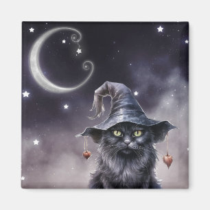 Aimant Chat d'Halloween noir portant un Casquette de sorc