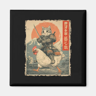 Aimant Chat drôle montant un poulet Art japonais Ukiyo-e