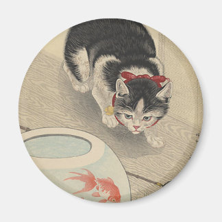 Aimant Chat et bol de poisson rouge par Ohara Koson