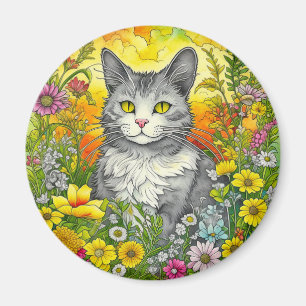 Aimant Chat et Fleurs Whimsical