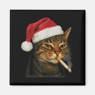 Aimant Chat Fumeur Cigarette Noël Chapeau Santa Chat Mème