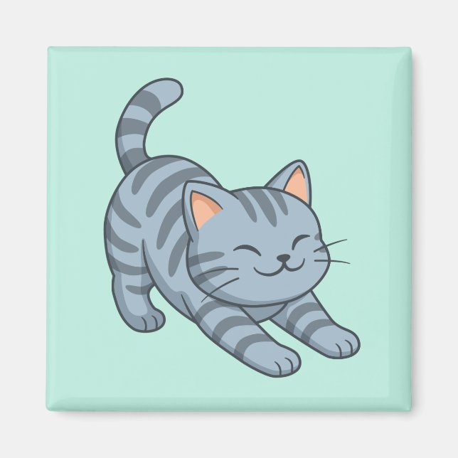 Aimant Chat Gris Tabby Étiré Vert (Devant)
