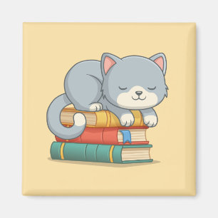 Aimant Chat heureux sur une pile de livres jaune