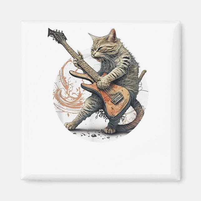 Aimant Chat Jouer Guitare Rock Chat Lourd Métal Chat Mus (Devant)