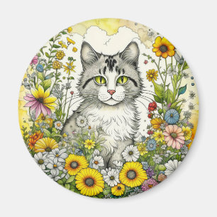 Aimant Chat kitty gris et blanc assis en fleurs