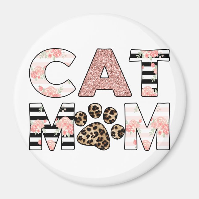 Aimant Chat Maman Rose Floral & Leopard Paw (Devant)