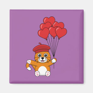 Aimant Chat mignon avec Ballons de Coeur Rouge