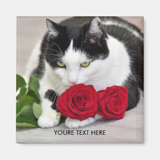 Aimant Chat mignon avec la rose rouge