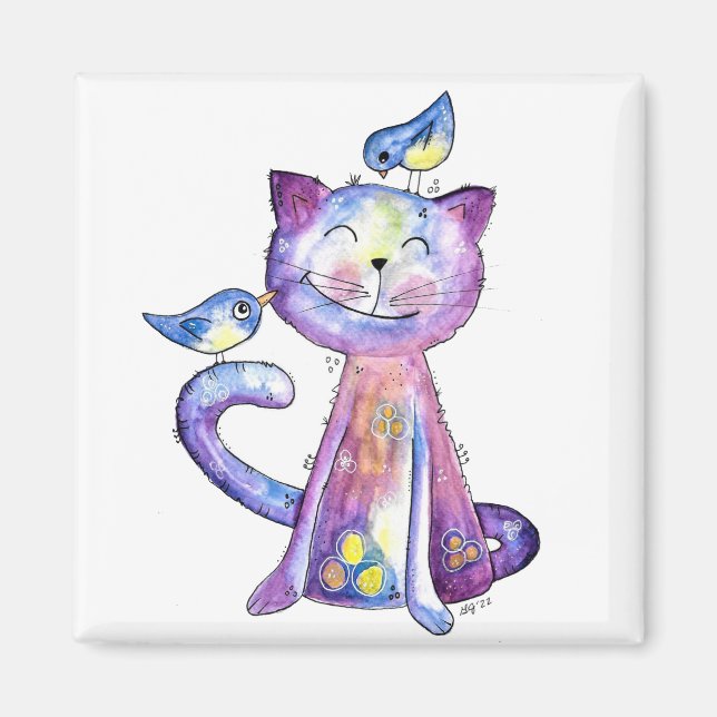 Aimant Chat mignon blanc violet avec oiseaux (Devant)