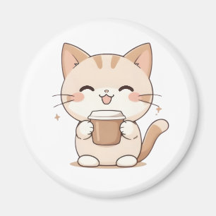 Aimant Chat Mignon Buvant du Café Design Kawaii